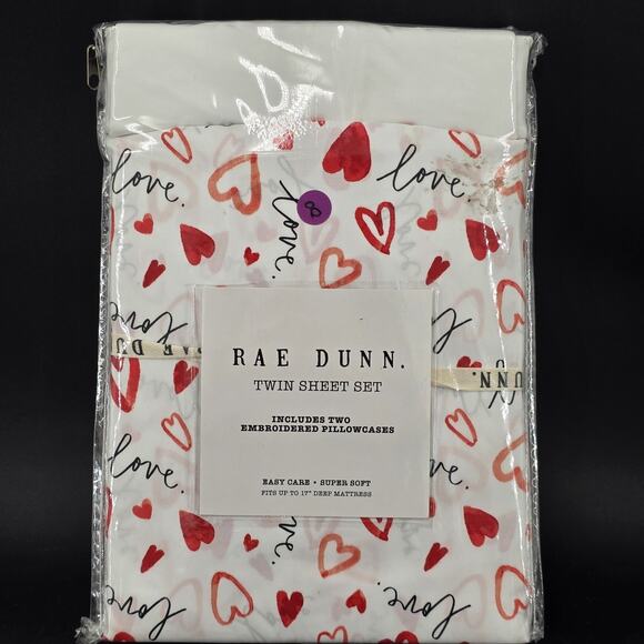 Rae Dunn Love Hearts 3 Pc. Twin Sheet Set Valentines Embroidered Pillowcase New - Picture 1 of 8